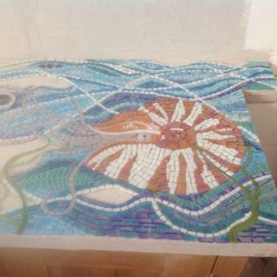 A wash stand with a mosaic of a nautilus designed and made by Siddy Langley